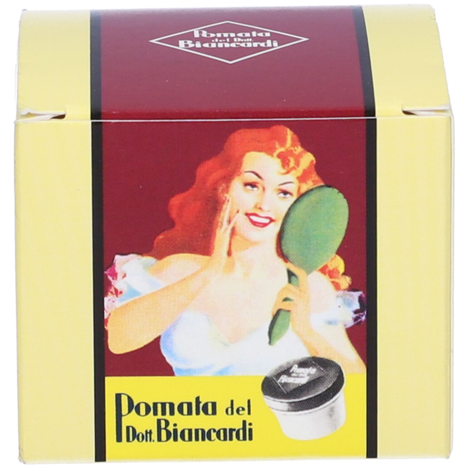Scatola di cartone. Giallo con coperchio rosso. Illustrazione di donna con specchio. Testo: Pomata del Dr. Biancardi.