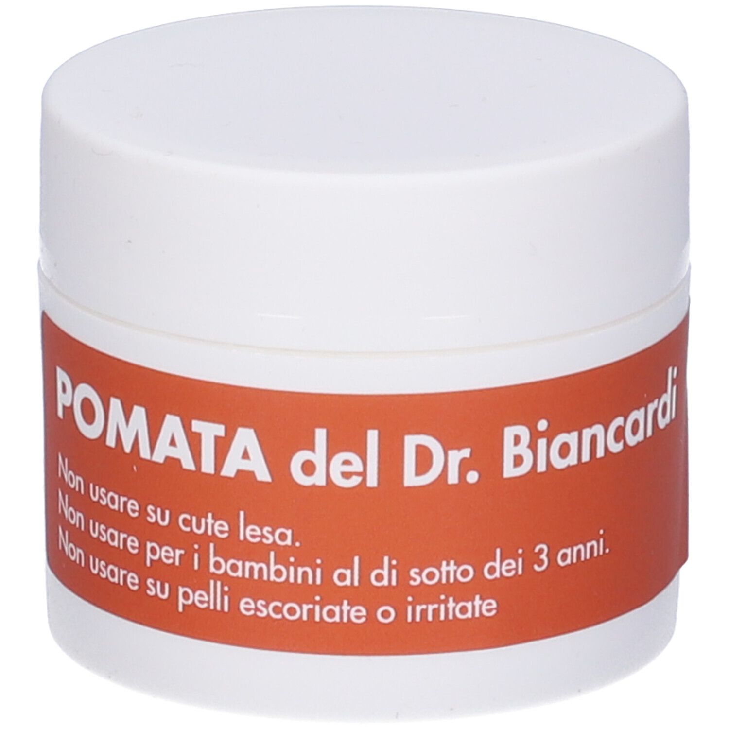 Vasetto bianco con etichetta rossa. Testo: POMATA del Dr. Biancardi. Avvertenze. Coperchio.