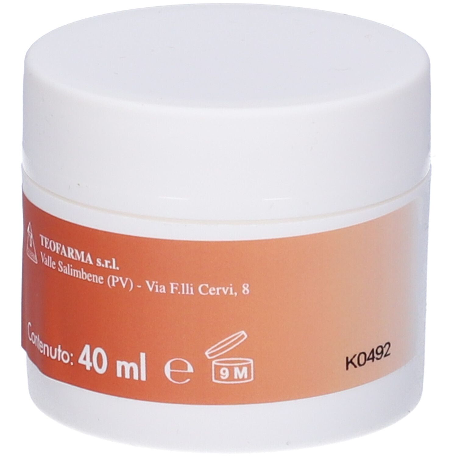 Vasetto bianco con etichetta rossa. Testo: 40 ml. Indirizzo. Simbolo 9M. Codice K0492. Coperchio.