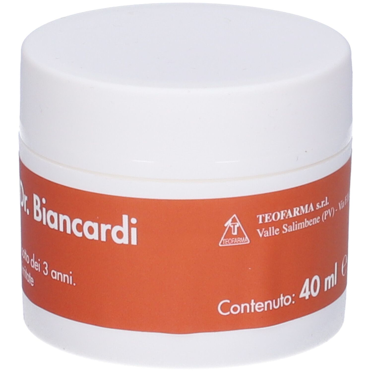 Vasetto bianco con etichetta rossa. Testo: Dr. Biancardi, 40 ml. Indirizzo. Coperchio.