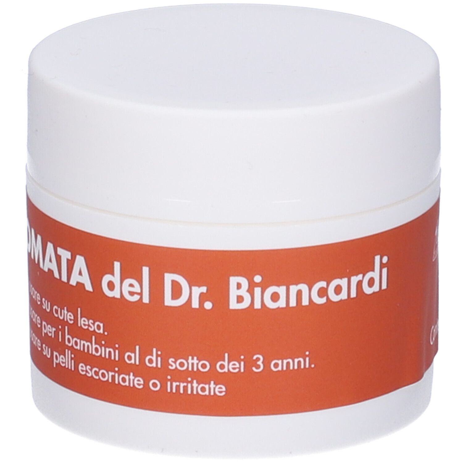Vasetto bianco con etichetta rossa. Testo: POMATA del Dr. Biancardi. Avvertenze. Coperchio.