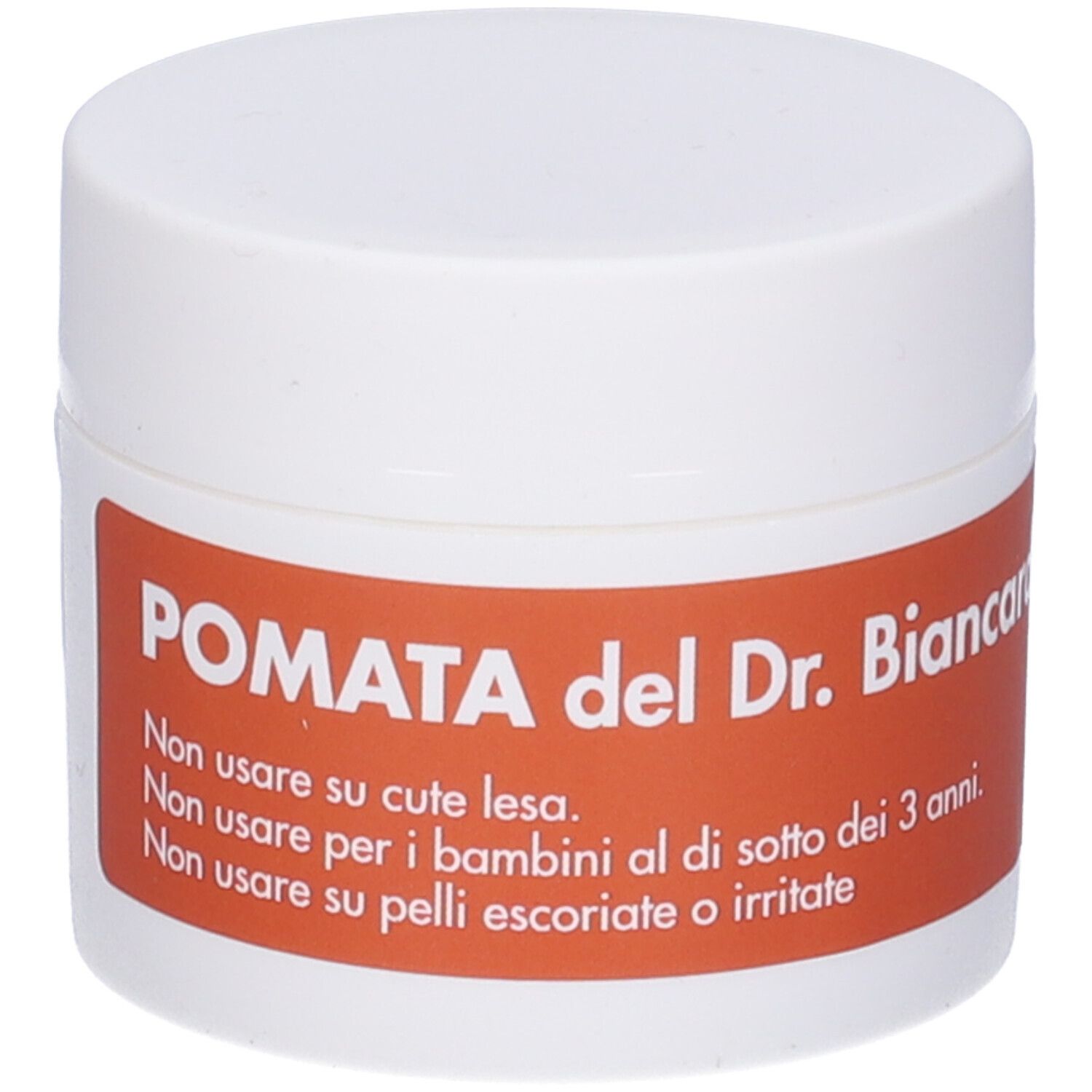 Vasetto bianco con etichetta rossa. Testo: POMATA del Dr. Biancardi. Avvertenze. Coperchio.