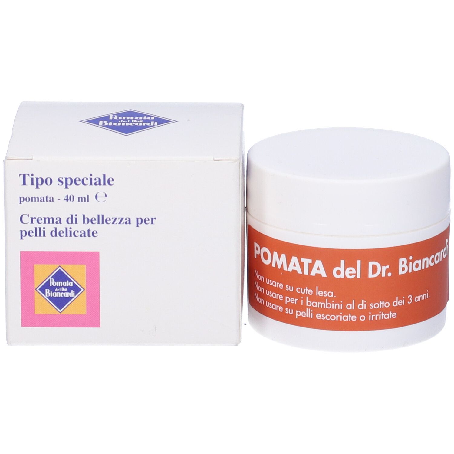 Vasetto bianco e scatola. Testo: POMATA del Dr. Biancardi. Avvertenze. Scatola: Tipo speciale, 40 ml.