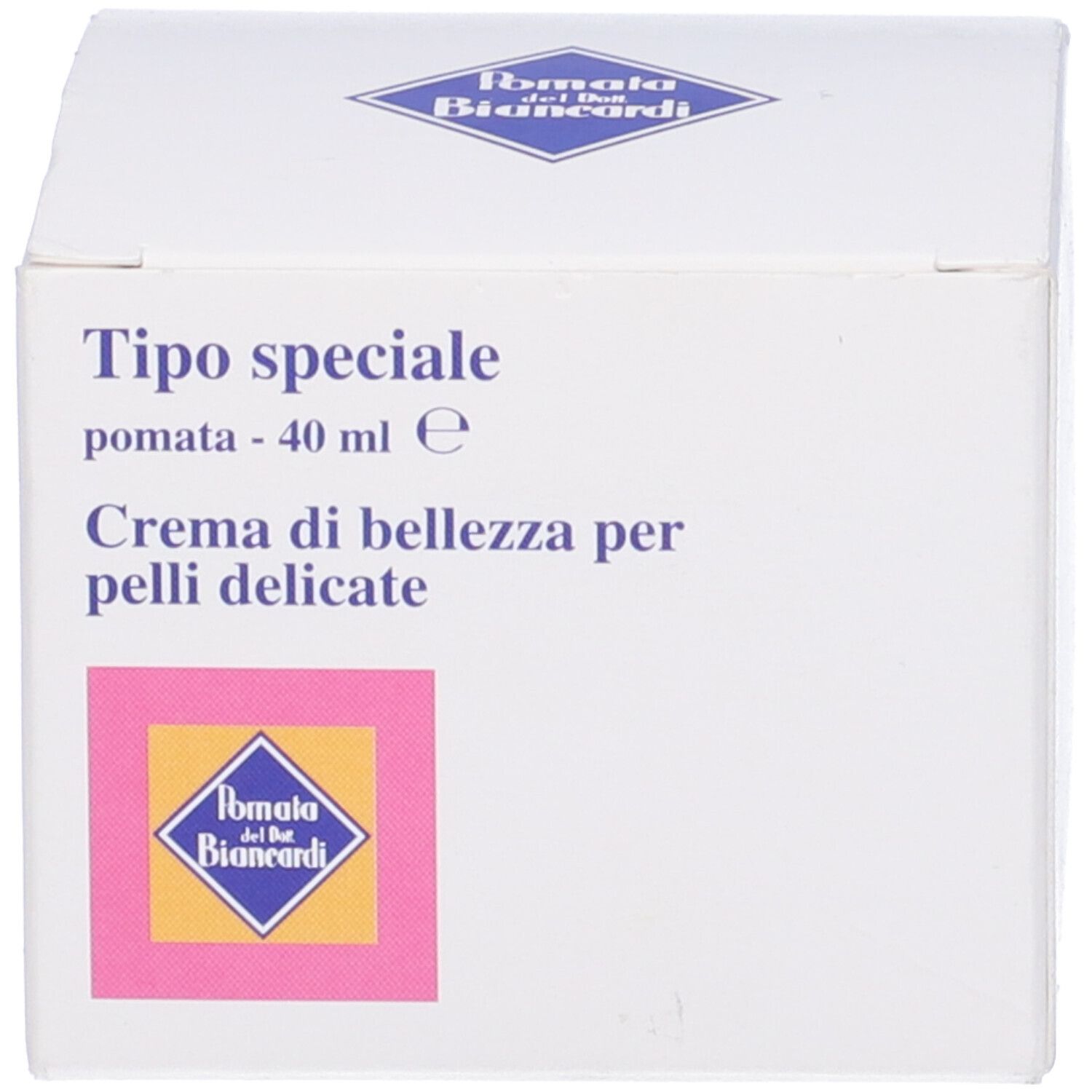 Scatola bianca. Testo: Tipo speciale, pomata - 40 ml. Crema di bellezza per pelli delicate. Logo.