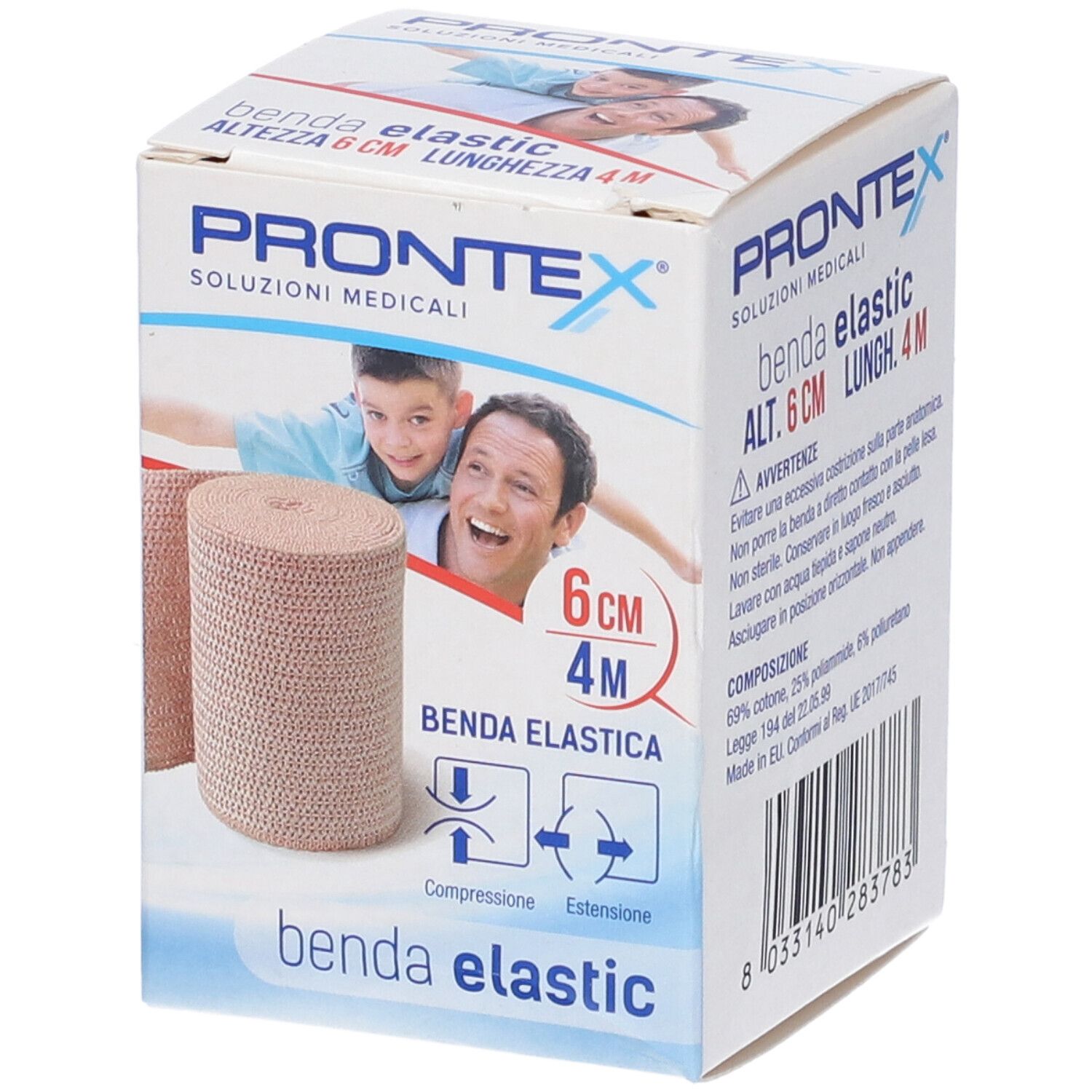 Elastische Binde Prontex, 6 cm breit, in Verpackung. Aufdrucke: Prontex, Benda Elastic, 6 cm x 4 m. Abbildung von Mann und Kind.