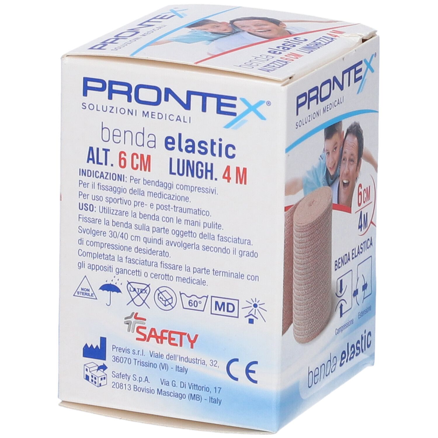 Verpackung von elastischer Binde Prontex. Aufdrucke: Prontex, Benda Elastic, 6 cm x 4 m. Text über Anwendung. CE-Kennzeichnung.