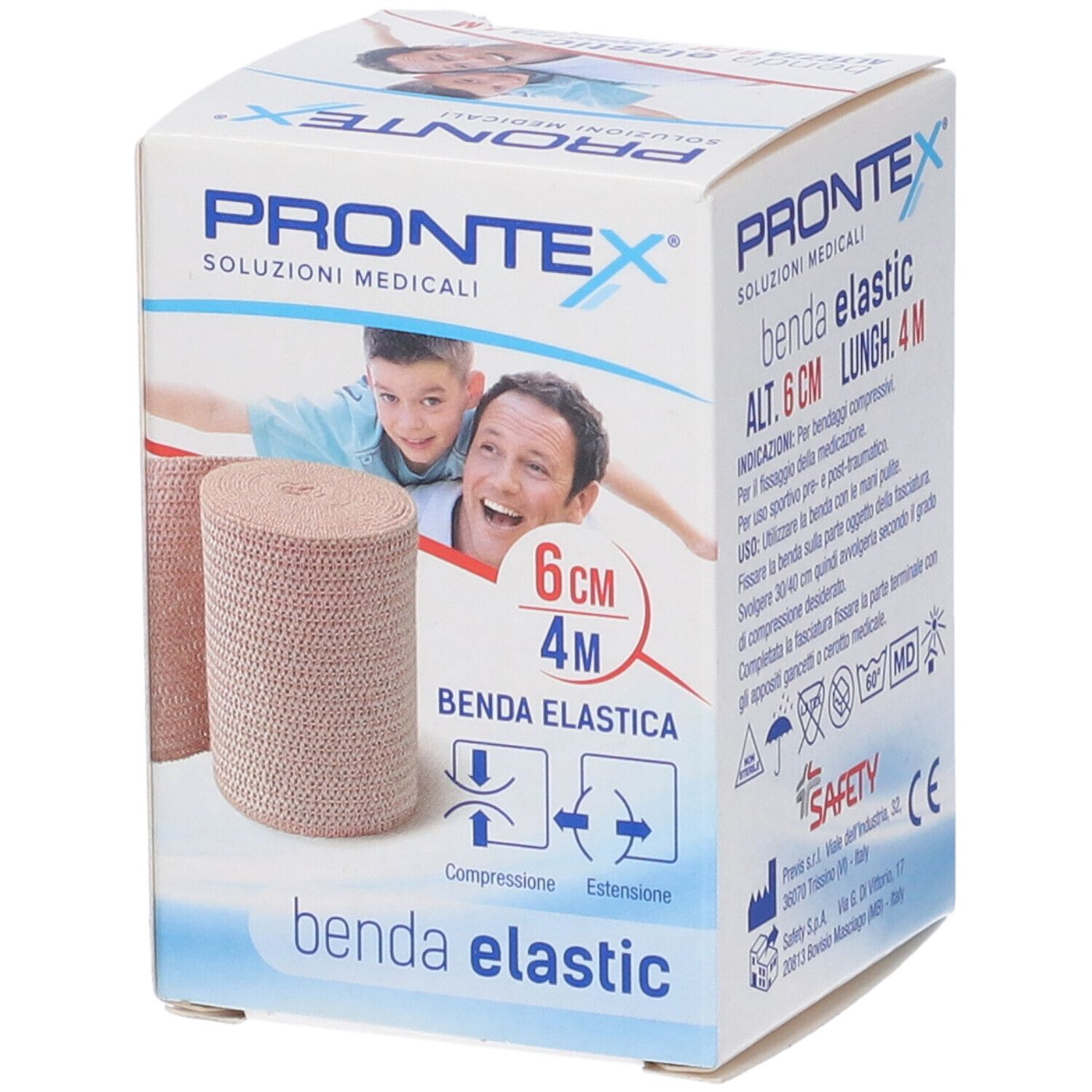 Elastische Binde Prontex, 6 cm breit, in Verpackung. Aufdrucke: Prontex, Benda Elastic, 6 cm x 4 m. Abbildung von Mann und Kind.