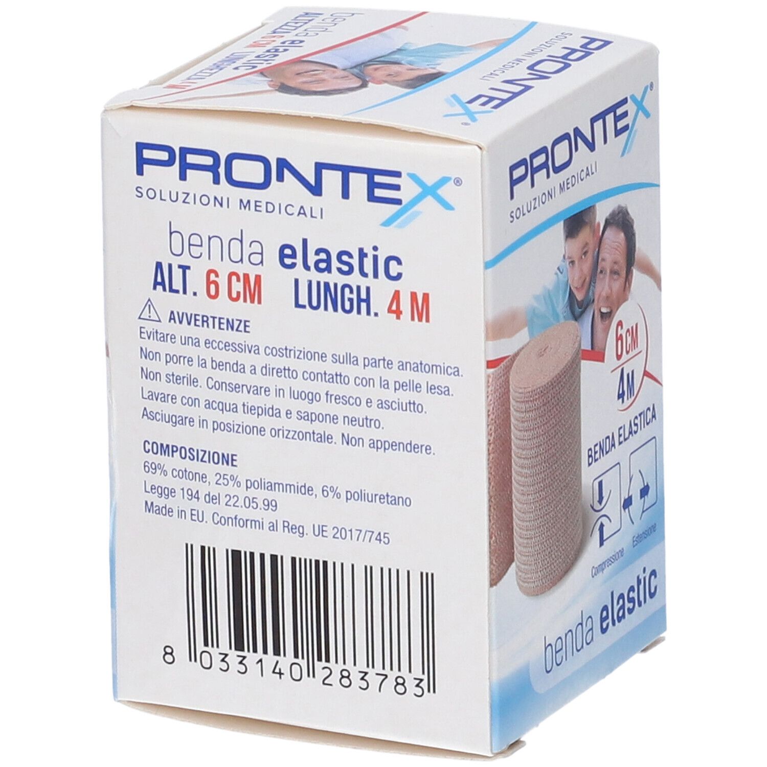 Verpackung von elastischer Binde Prontex. Aufdrucke: Prontex, Benda Elastic, 6 cm x 4 m. Text über Zusammensetzung. Barcode.