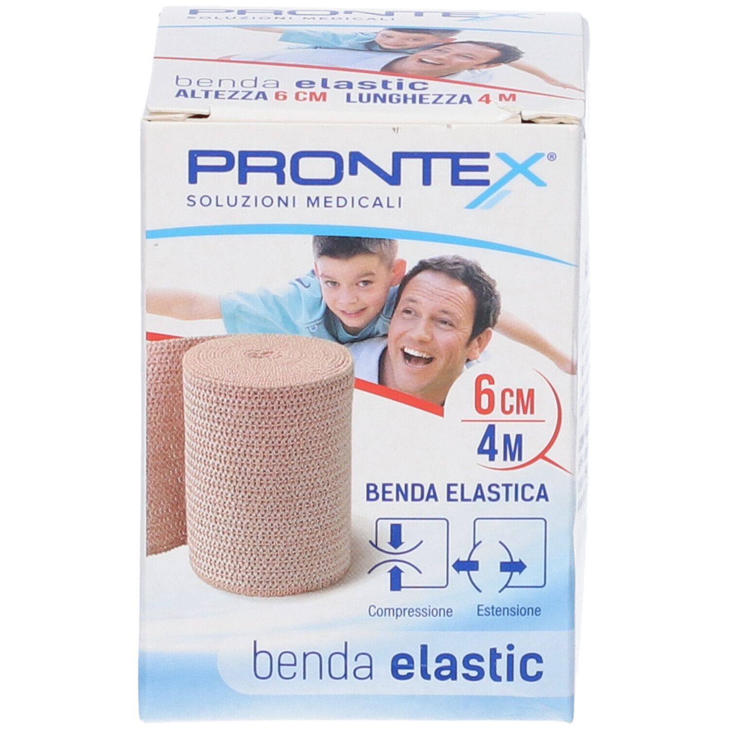 Elastische Binde Prontex, 6 cm breit, in Verpackung. Aufdrucke: Prontex, Benda Elastic, 6 cm x 4 m. Abbildung von Mann und Kind.