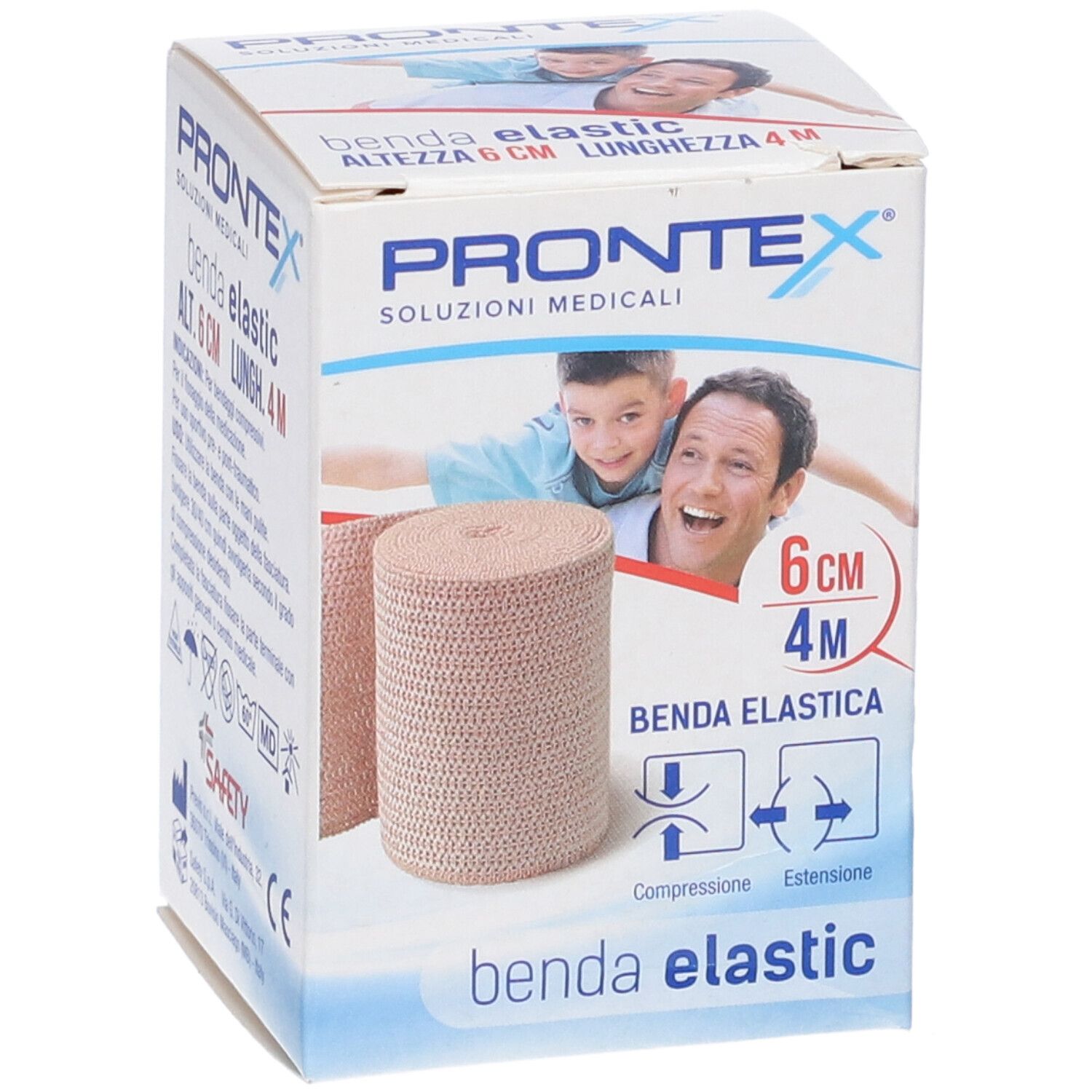 Elastische Binde Prontex, 6 cm breit, in Verpackung. Aufdrucke: Prontex, Benda Elastic, 6 cm x 4 m. Abbildung von Mann und Kind.