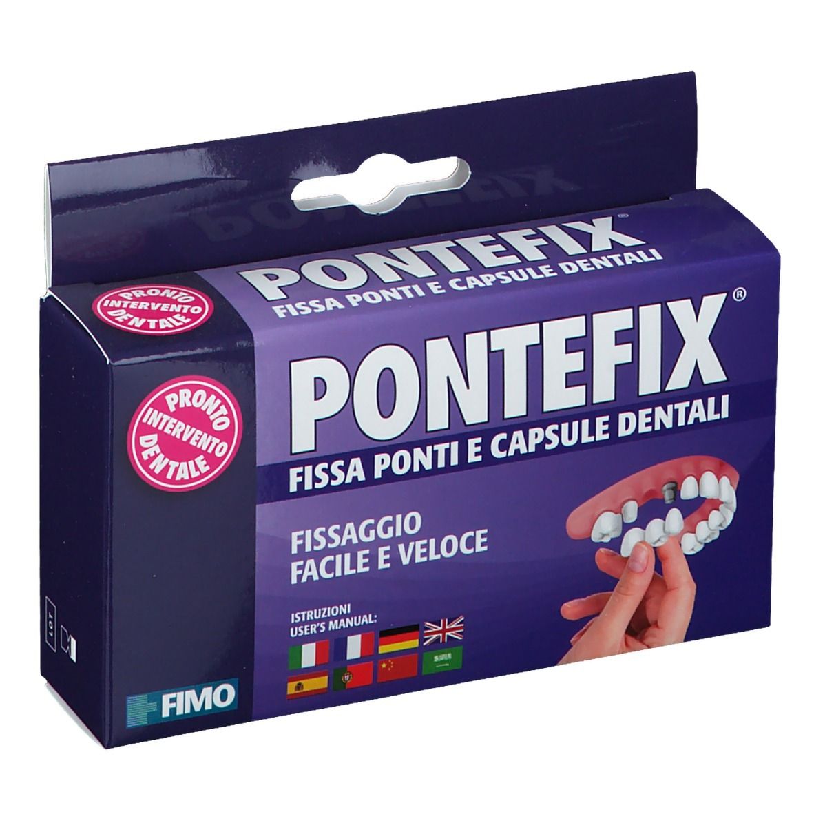 Confezione prodotto con nome e illustrazione ponte dentale. Istruzioni multilingue.