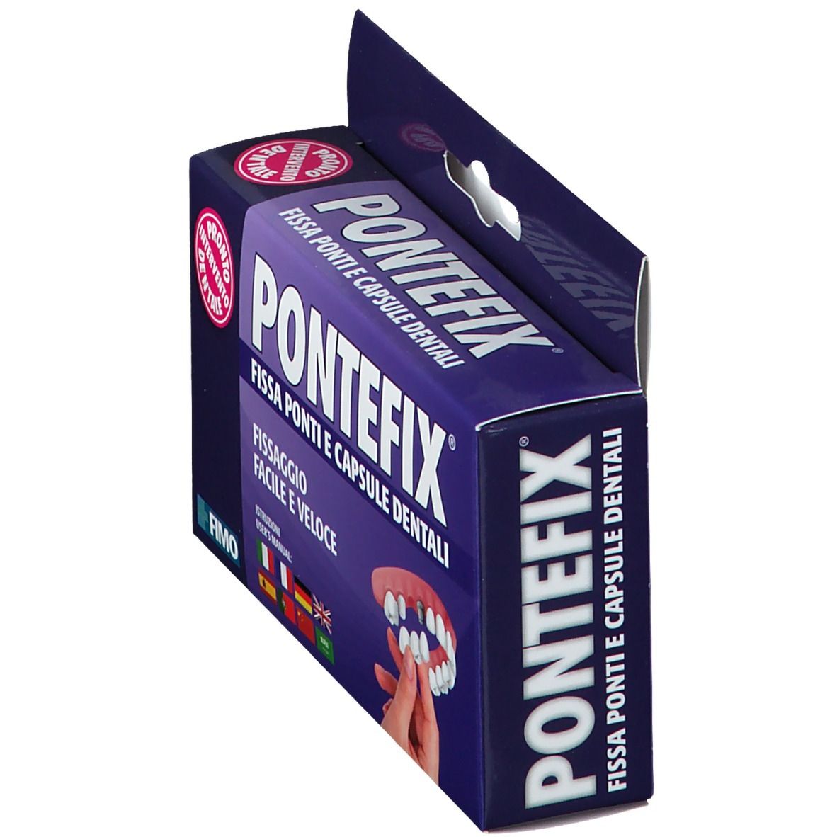 Confezione prodotto con coperchio aperto. Nome prodotto e illustrazione ponte dentale visibili.