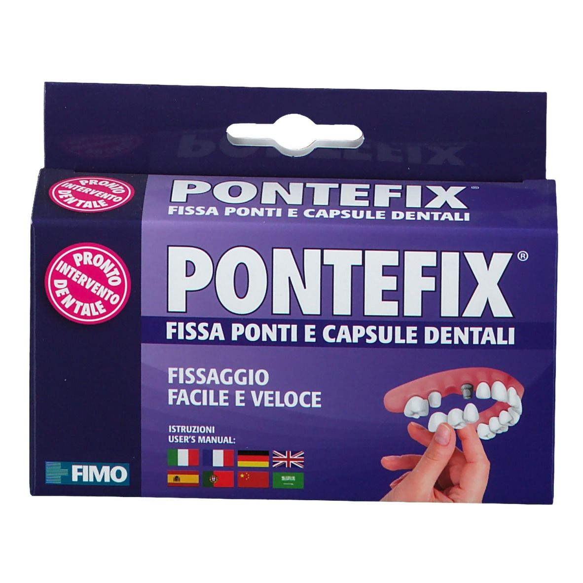Confezione prodotto con nome e illustrazione ponte dentale. Istruzioni multilingue.