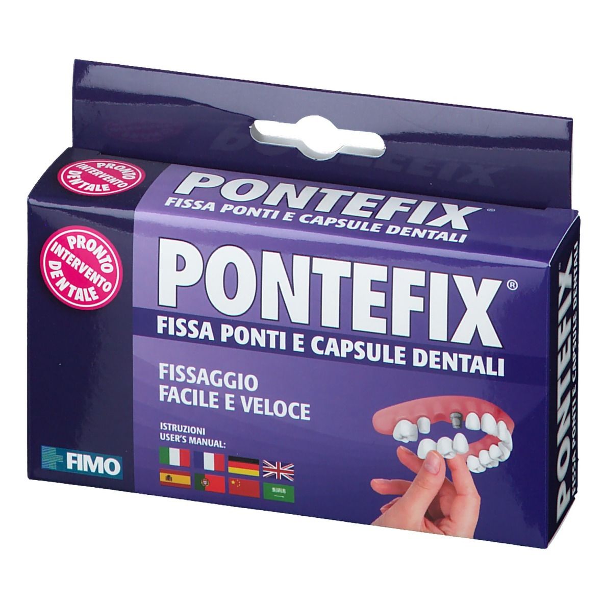 Confezione prodotto con nome e illustrazione ponte dentale. Istruzioni multilingue.
