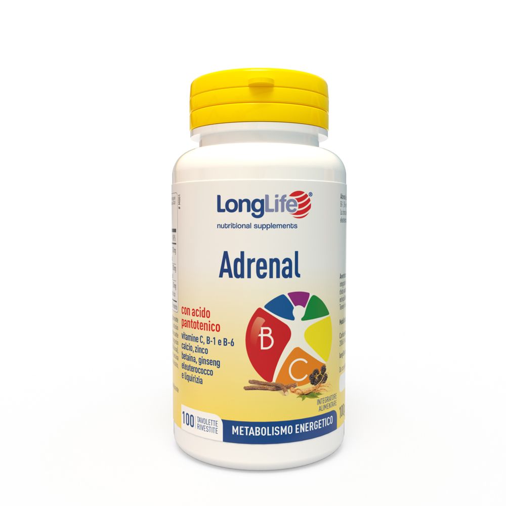 Flacone bianco con tappo giallo. Scritta LongLife Adrenal. Contiene vitamine e minerali. 100 compresse.