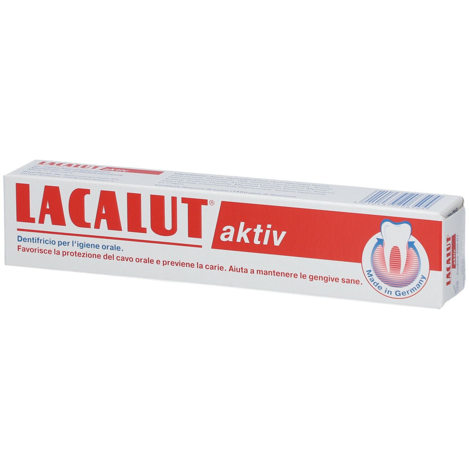 Zahncreme-Schachtel. Aufschrift: LACALUT aktiv. Rote Schrift auf weißem Hintergrund. Made in Germany.