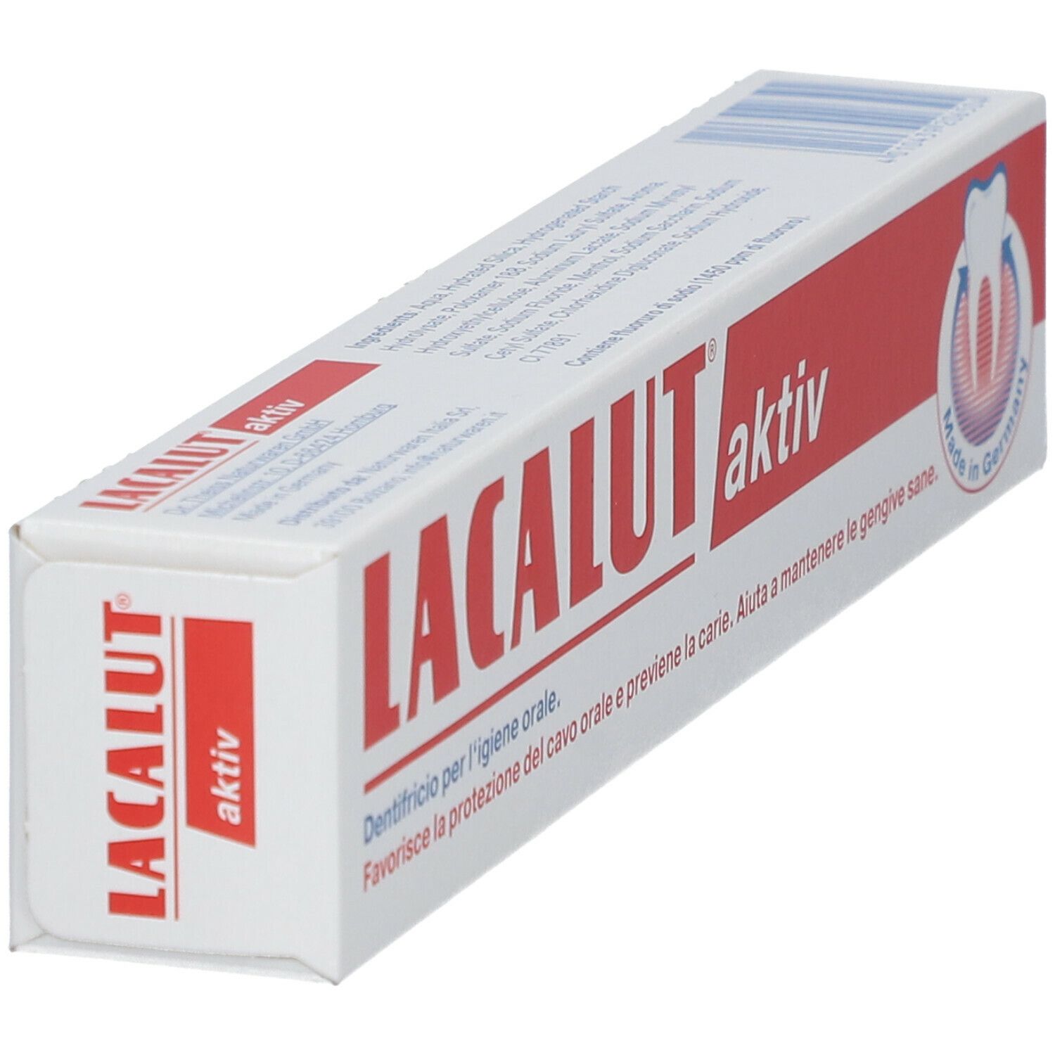 Zahncreme-Schachtel. Aufschrift: LACALUT aktiv. Rote Schrift auf weißem Hintergrund. Made in Germany.