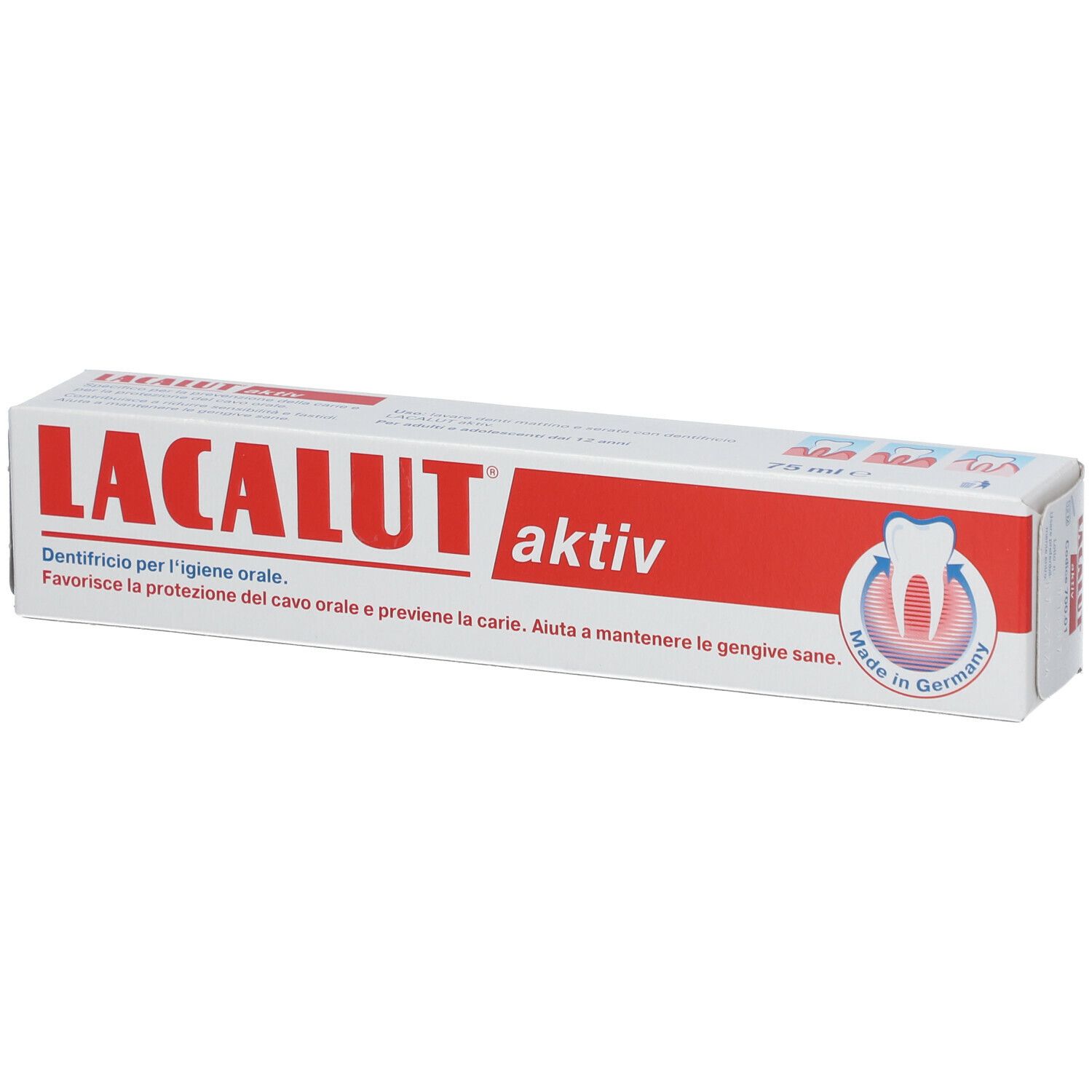 Zahncreme-Schachtel. Aufschrift: LACALUT aktiv. Rote Schrift auf weißem Hintergrund. Made in Germany.