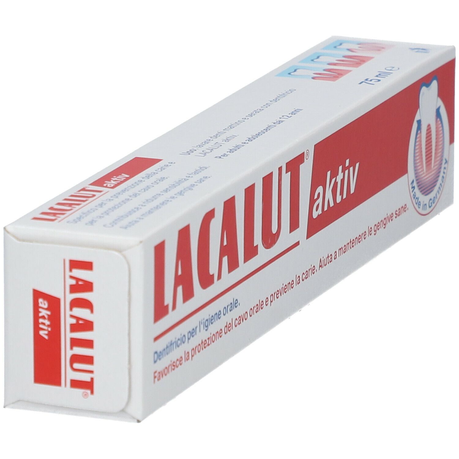 Zahncreme-Schachtel. Aufschrift: LACALUT aktiv. Rote Schrift auf weißem Hintergrund. Made in Germany.