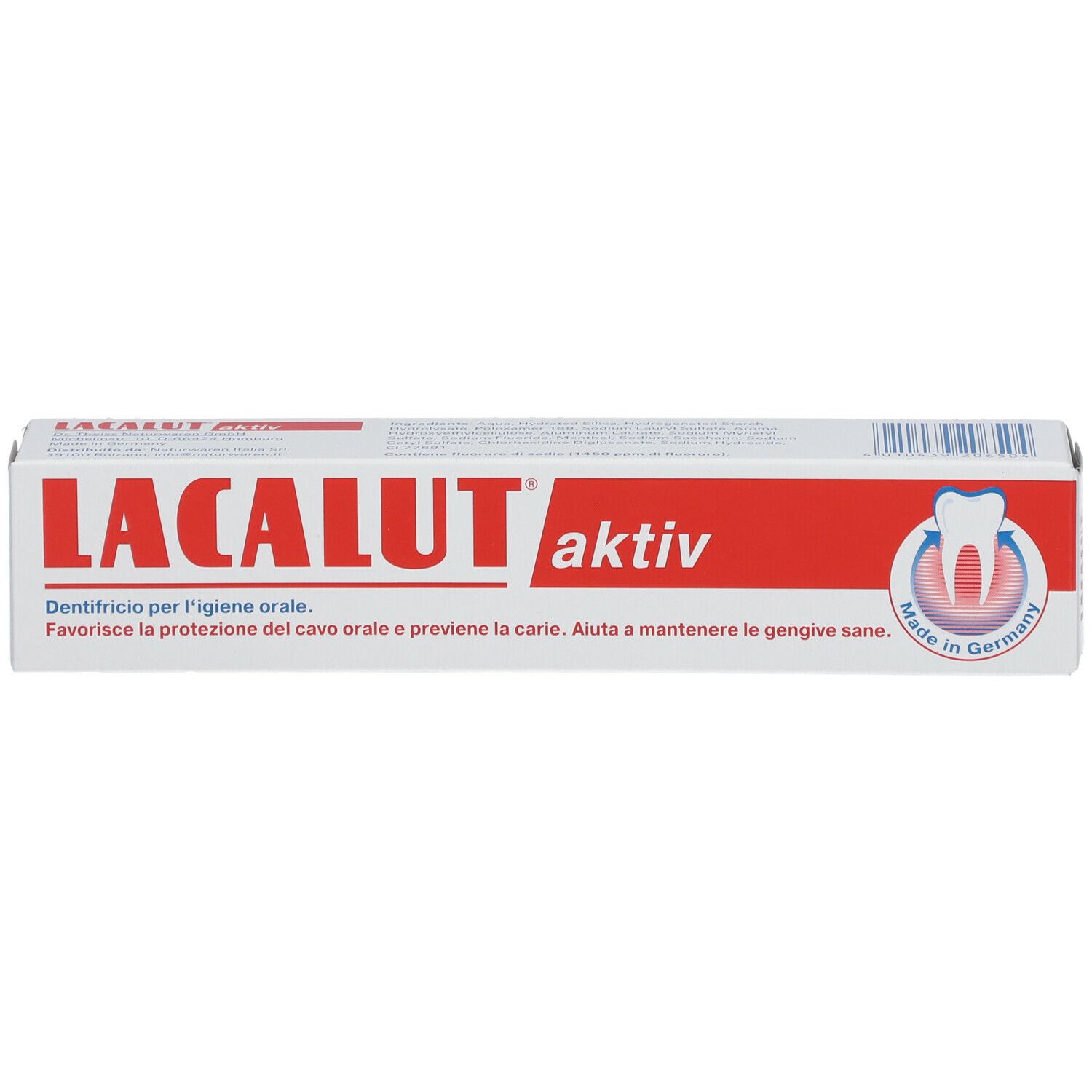 Zahncreme-Schachtel. Aufschrift: LACALUT aktiv. Rote Schrift auf weißem Hintergrund. Made in Germany.