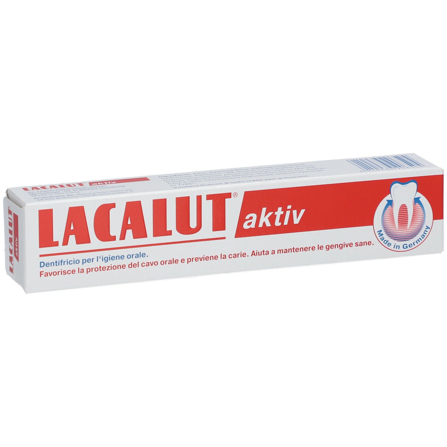 Zahncreme-Schachtel. Aufschrift: LACALUT aktiv. Rote Schrift auf weißem Hintergrund. Made in Germany.