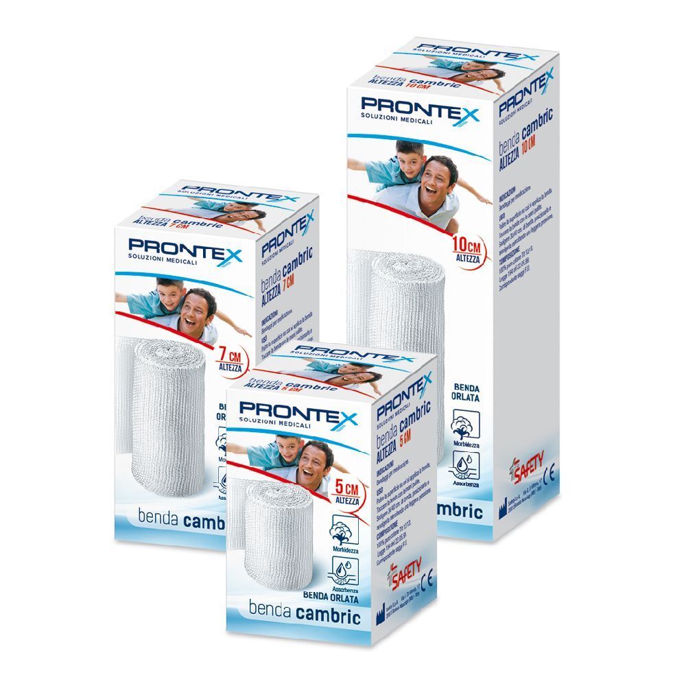 Confezioni di bende Prontex, 5 cm. Rotoli di benda bianca. Scritta: Benda cambric, 5 cm.