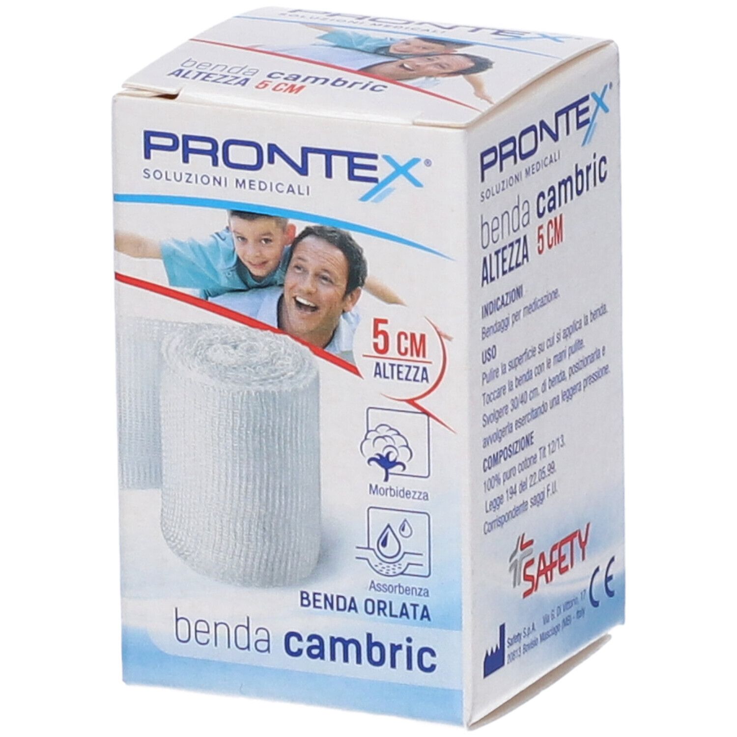 Confezione di Prontex Benda cambric, 5 cm. Rotolo di benda bianca. Scritte: 5 cm, Morbidezza, Assorbenza.