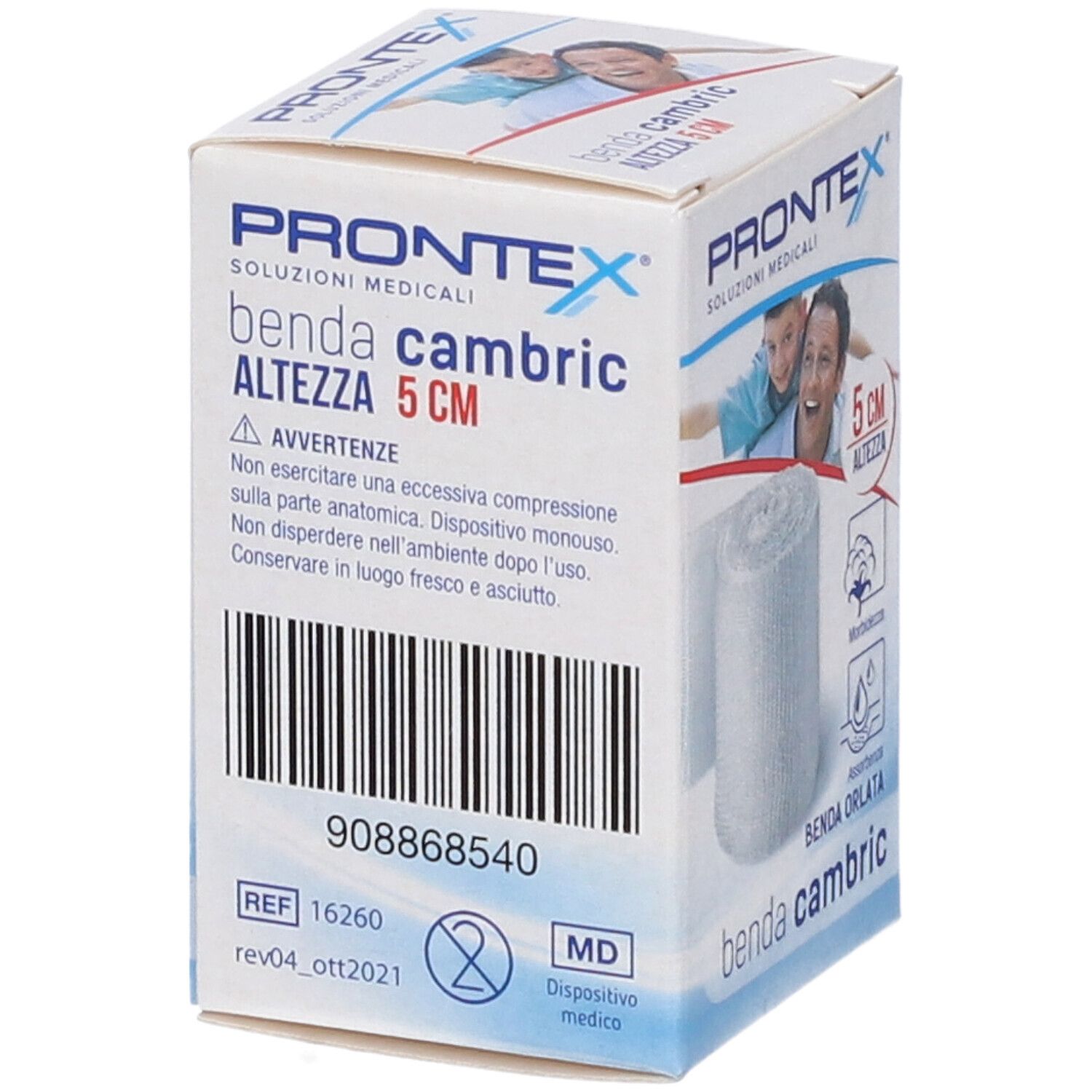Confezione di Prontex Benda cambric, 5 cm. Rotolo di benda bianca. Scritte: 5 cm, codice a barre, REF 16260, MD.