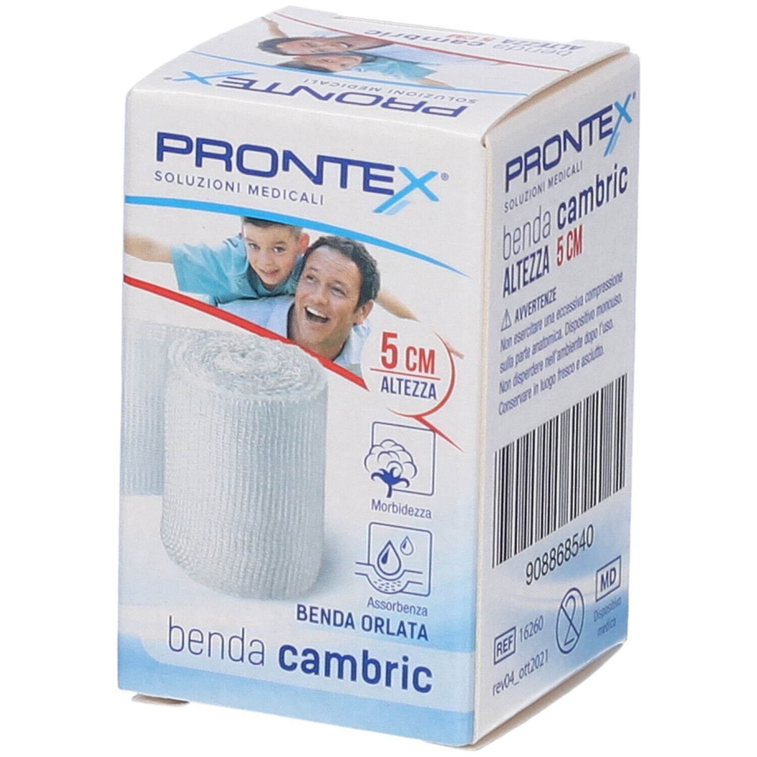 Confezione di Prontex Benda cambric, 5 cm. Rotolo di benda bianca. Scritte: 5 cm, Morbidezza, Assorbenza, REF 16260.