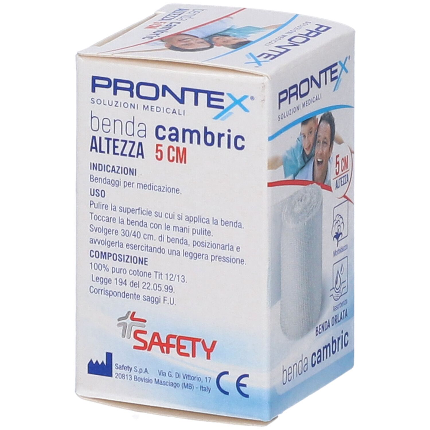 Confezione di Prontex Benda cambric, 5 cm. Rotolo di benda bianca. Scritte: 5 cm, Morbidezza, Assorbenza, marchio CE.