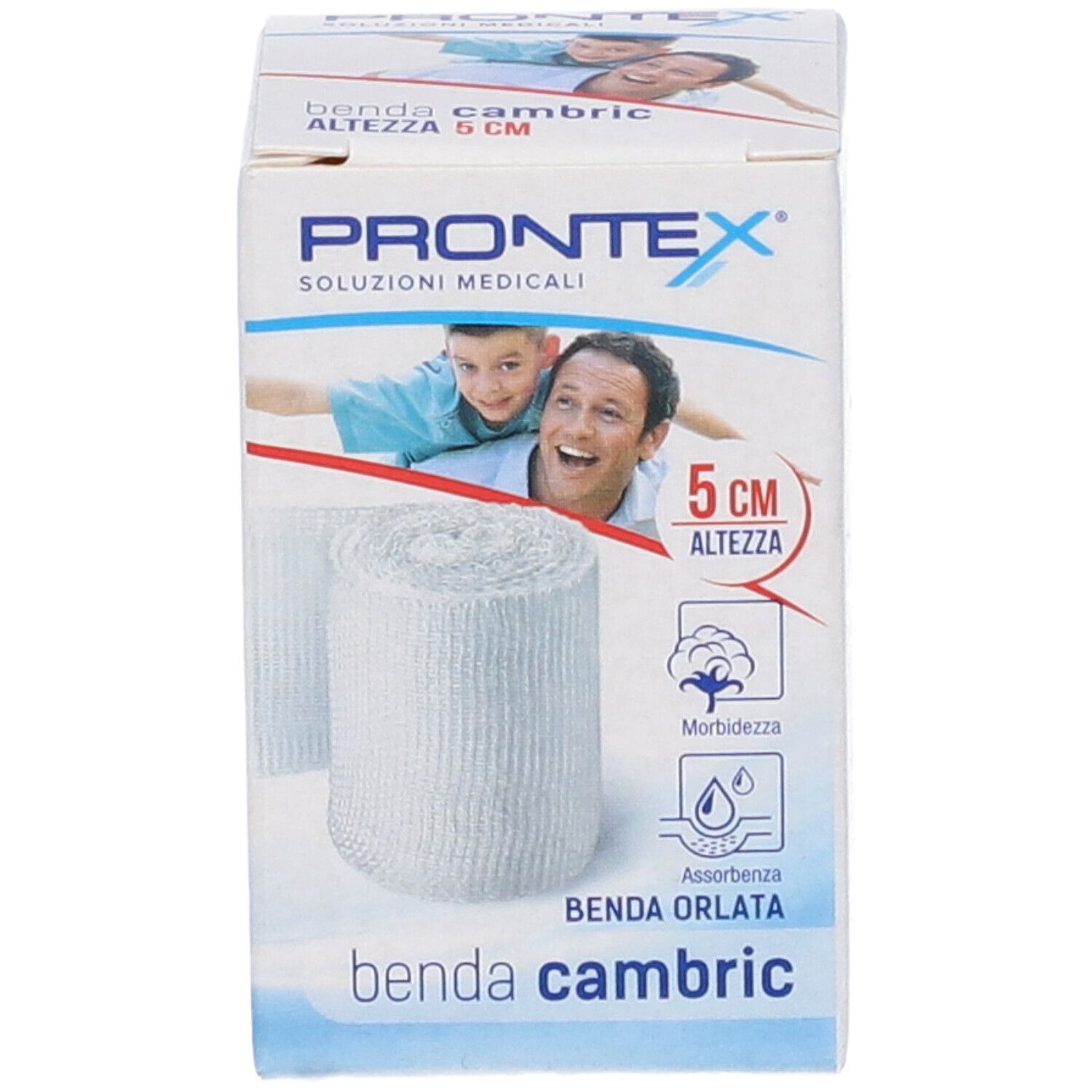 Confezione di Prontex Benda cambric, 5 cm. Rotolo di benda bianca. Scritte: 5 cm, Morbidezza, Assorbenza.