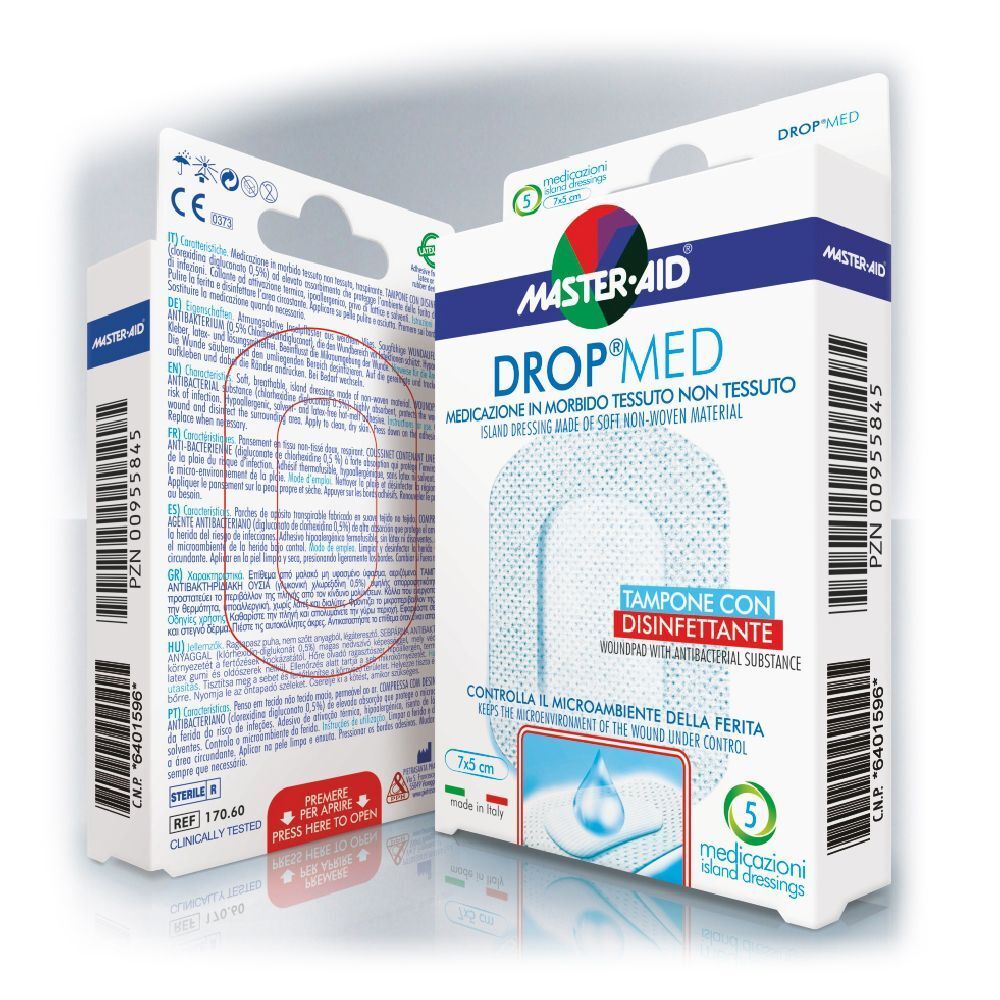 Confezione Master-Aid Drop Med. Contiene 5 medicazioni sterili. Scritte multilingue. Marchio CE.