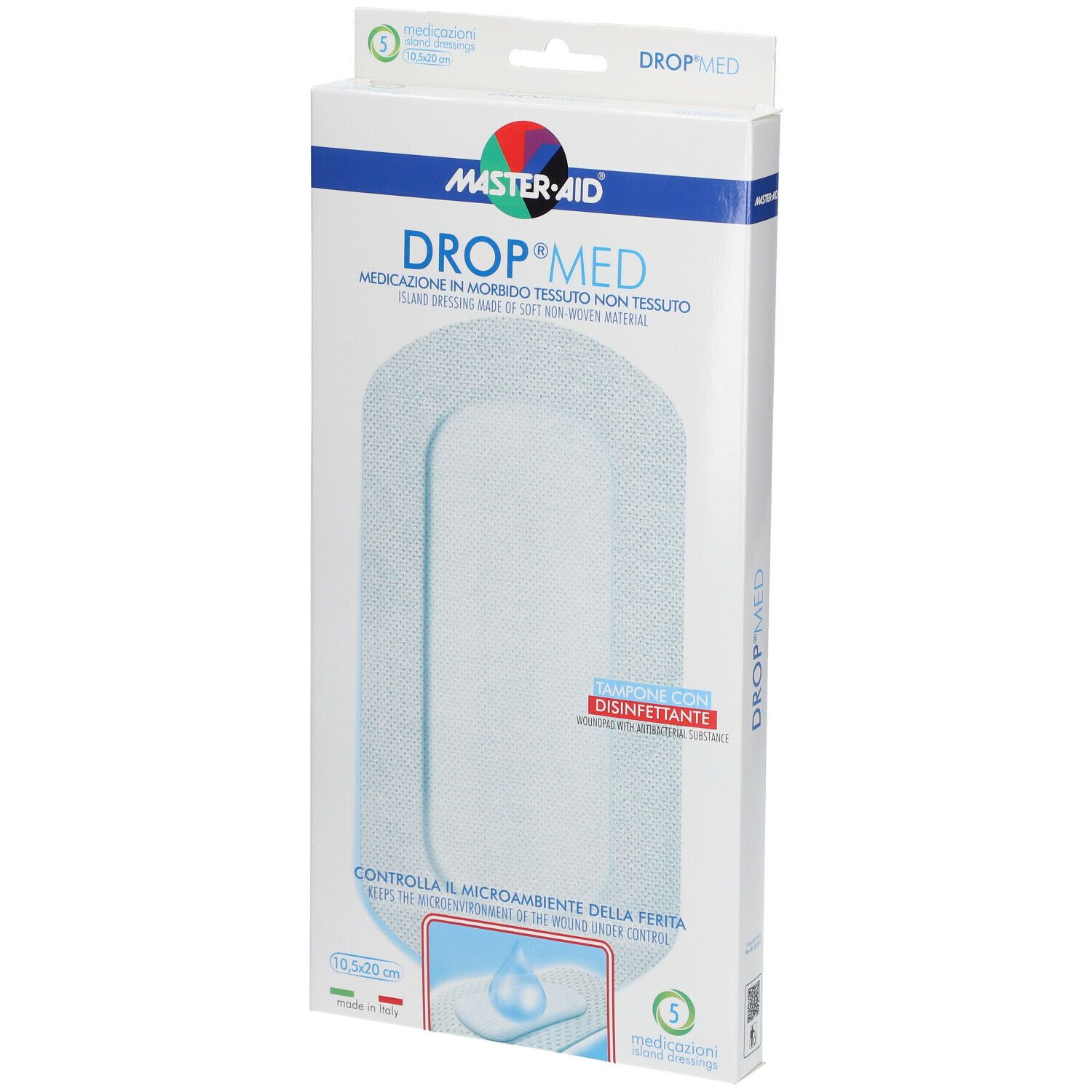 Confezione Master-Aid Drop Med. Mostra medicazione ovale. Contiene 5 pezzi. Con disinfettante. Dimensione: 10,5 x 20 cm.