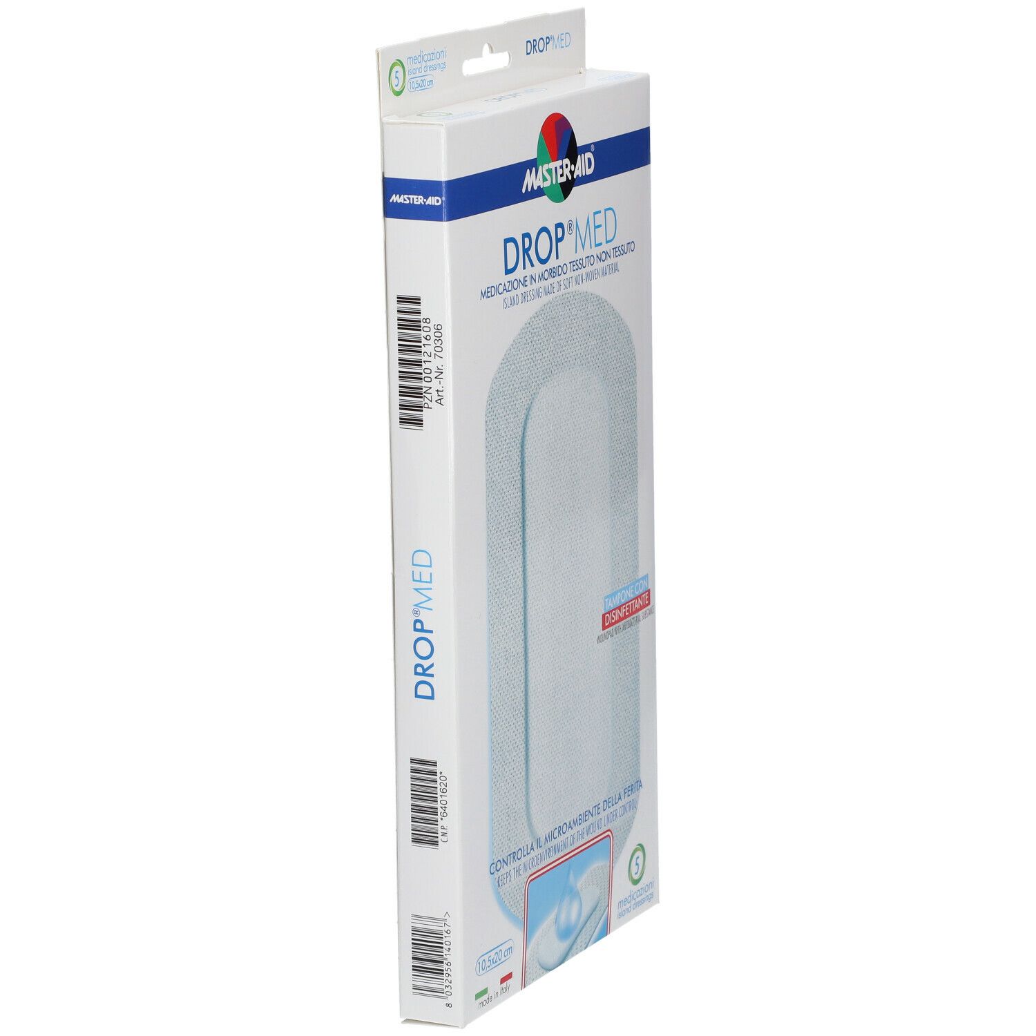 Confezione Master-Aid Drop Med. Mostra medicazione ovale. Contiene 5 pezzi. Con disinfettante. Dimensione: 10,5 x 20 cm.