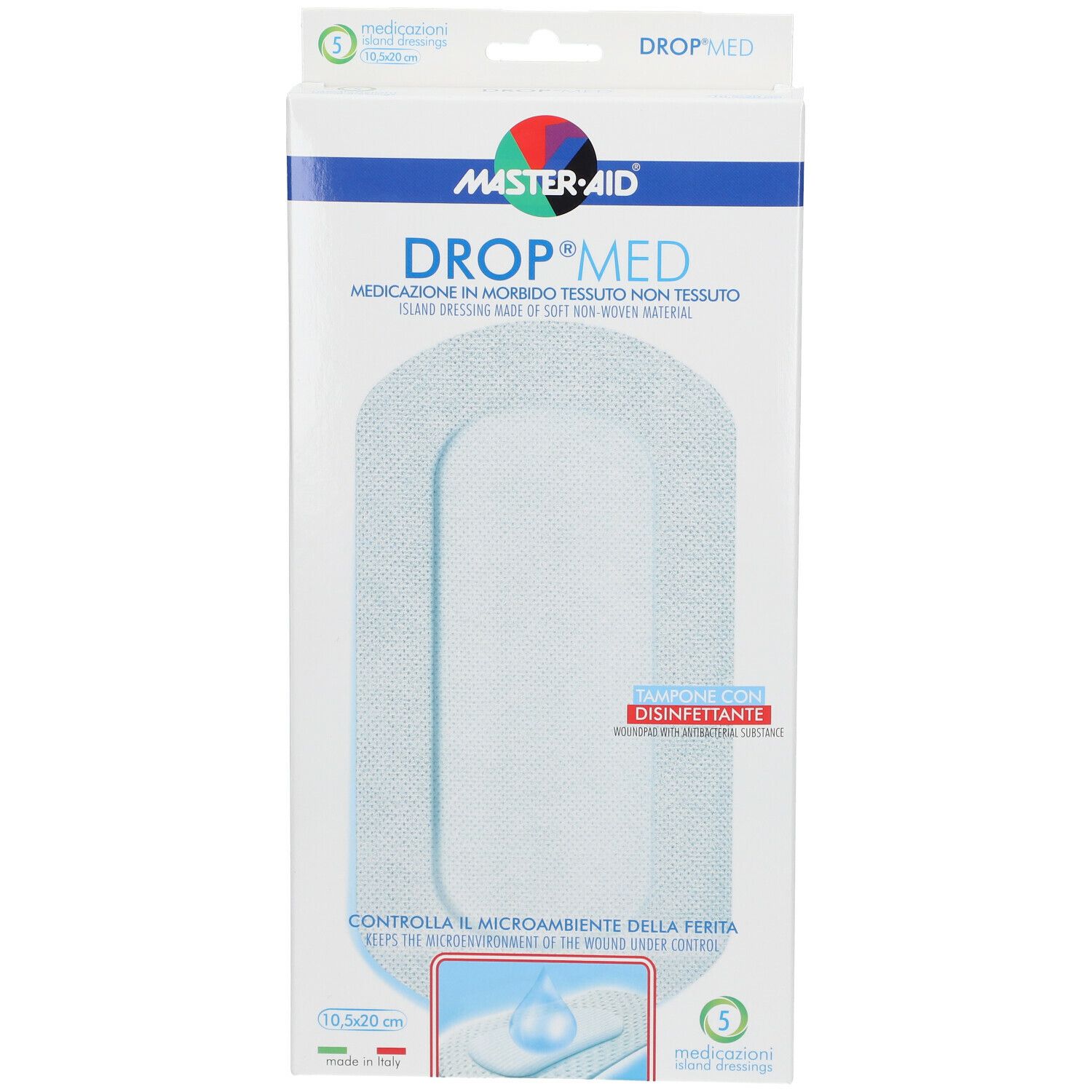 Confezione Master-Aid Drop Med. Mostra medicazione ovale. Contiene 5 pezzi. Con disinfettante. Dimensione: 10,5 x 20 cm.