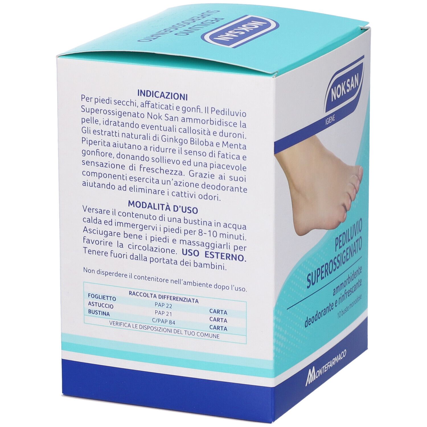 Verpackung für Nok San Pediluvio Superossigenato Fußbad mit Fußabbildung und Anwendungshinweisen.