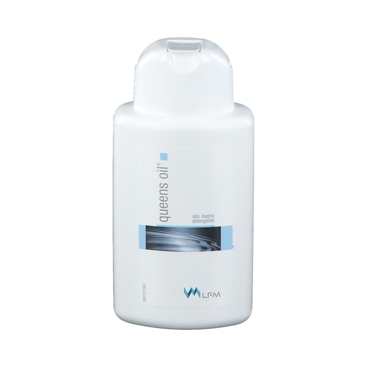Flacon blanc avec bouchon rabattable. Inscription "queens oil" et "olio bagno detergente".