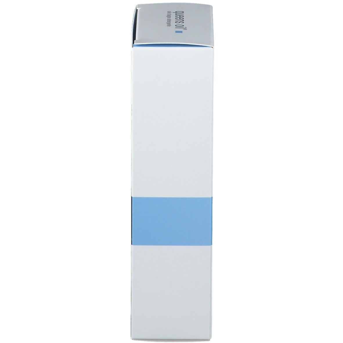 Emballage produit blanc et étroit. "queens oil" en haut. Bande bleue au milieu.
