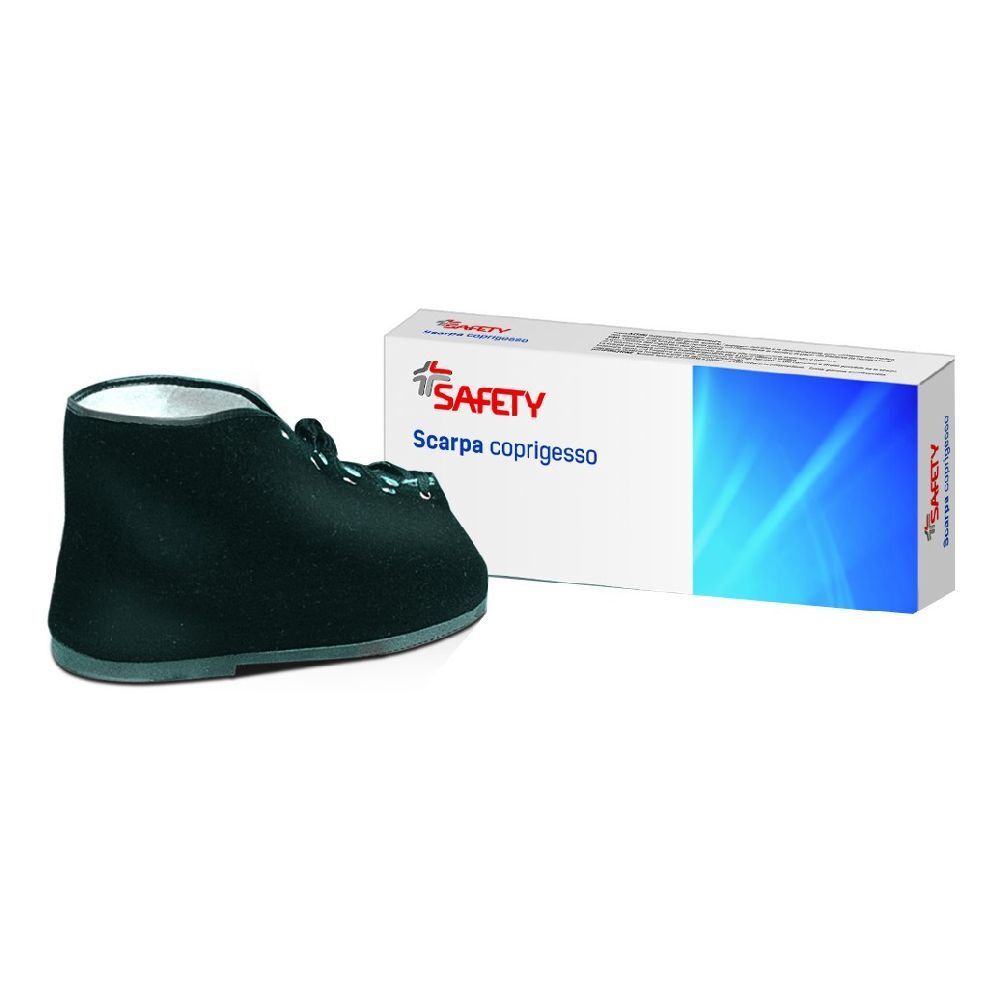 Copriscarpa nero accanto alla confezione. Sulla confezione: Scarpa coprigesso, Safety.