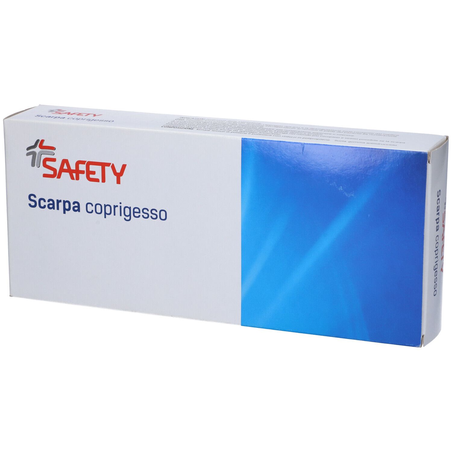 Confezione bianca con striscia blu. Scritto: Scarpa coprigesso, Safety.