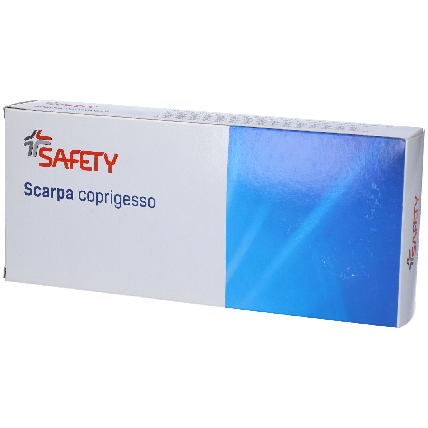 Confezione bianca con striscia blu. Scritto: Scarpa coprigesso, Safety.