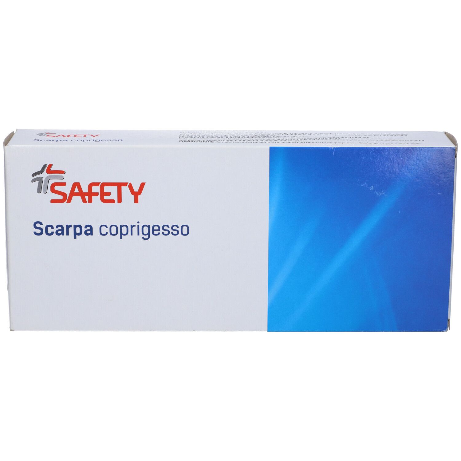 Confezione bianca con striscia blu. Scritto: Scarpa coprigesso, Safety.