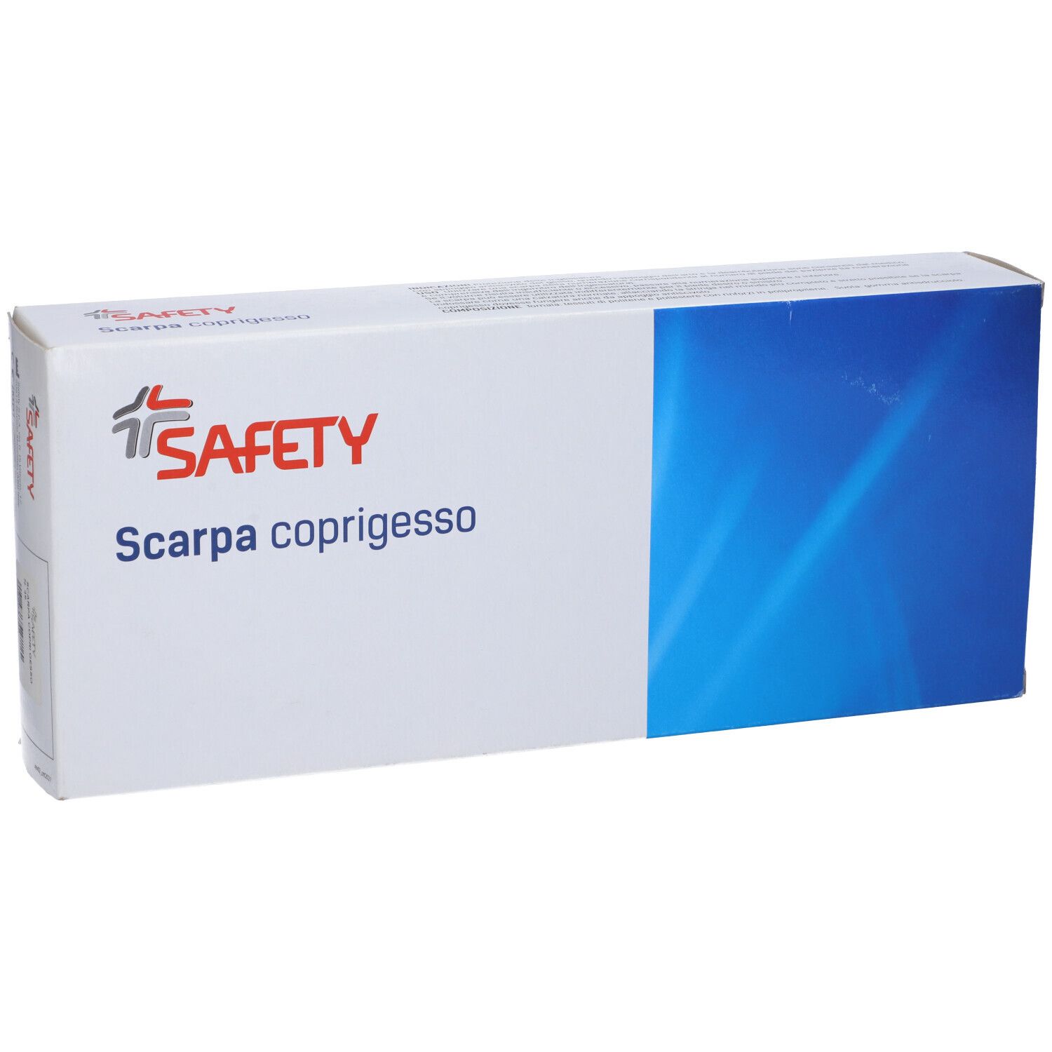 Confezione bianca con striscia blu. Scritto: Scarpa coprigesso, Safety.