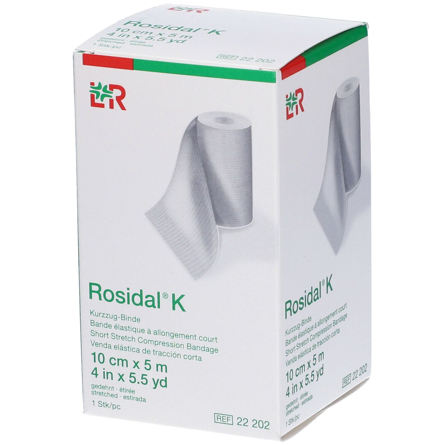 Confezione Rosidal K, 10 cm x 5 m. Benda elastica corta. Logo LR. Immagine del prodotto.