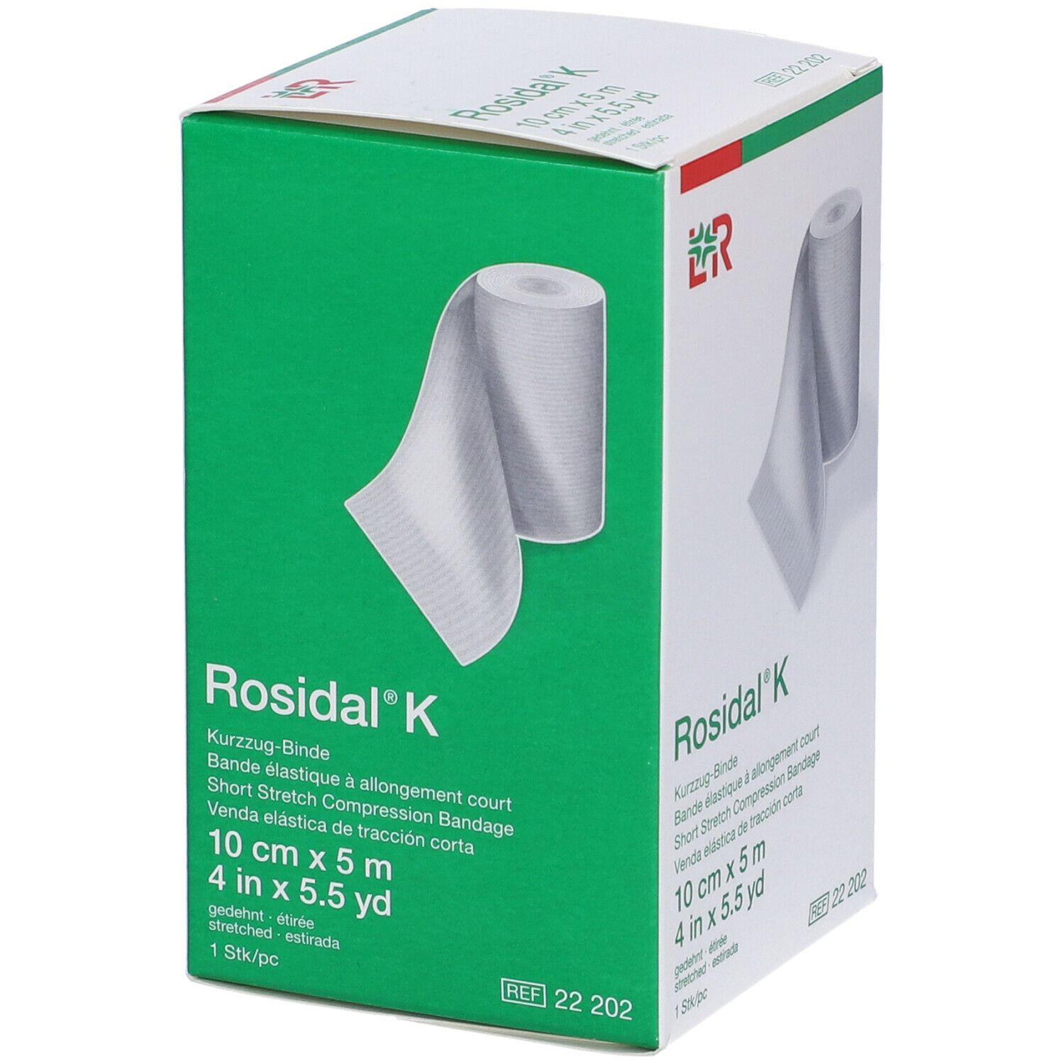 Confezione verde Rosidal K, 10 cm x 5 m. Benda elastica corta. Logo LR. Immagine del prodotto.