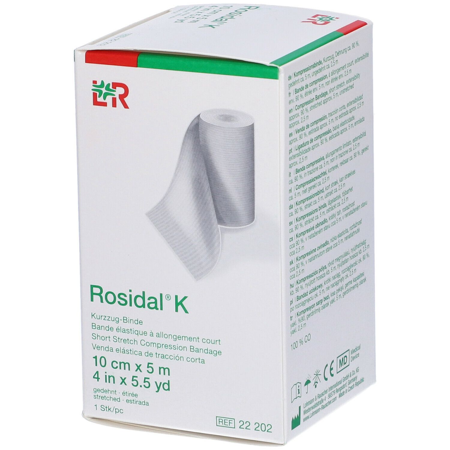 Confezione Rosidal K, 10 cm x 5 m. Benda elastica corta. Logo LR. Immagine del prodotto.
