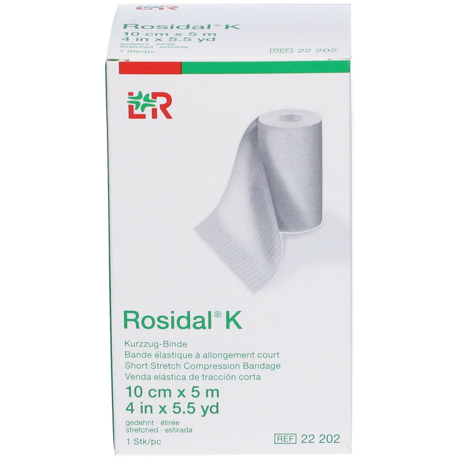 Confezione Rosidal K, 10 cm x 5 m. Benda elastica corta. Logo LR. Immagine del prodotto.