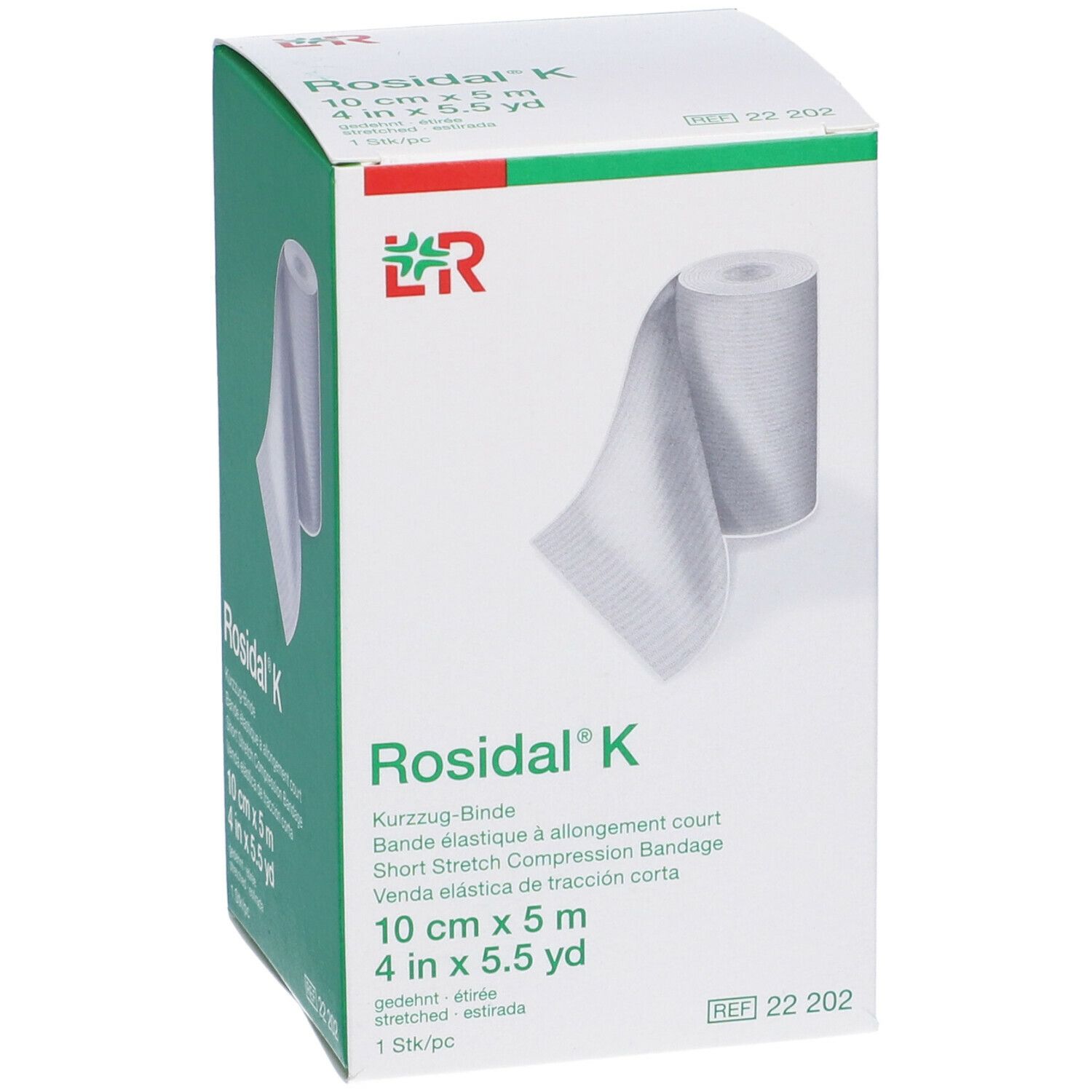 Confezione Rosidal K, 10 cm x 5 m. Benda elastica corta. Logo LR. Immagine del prodotto.