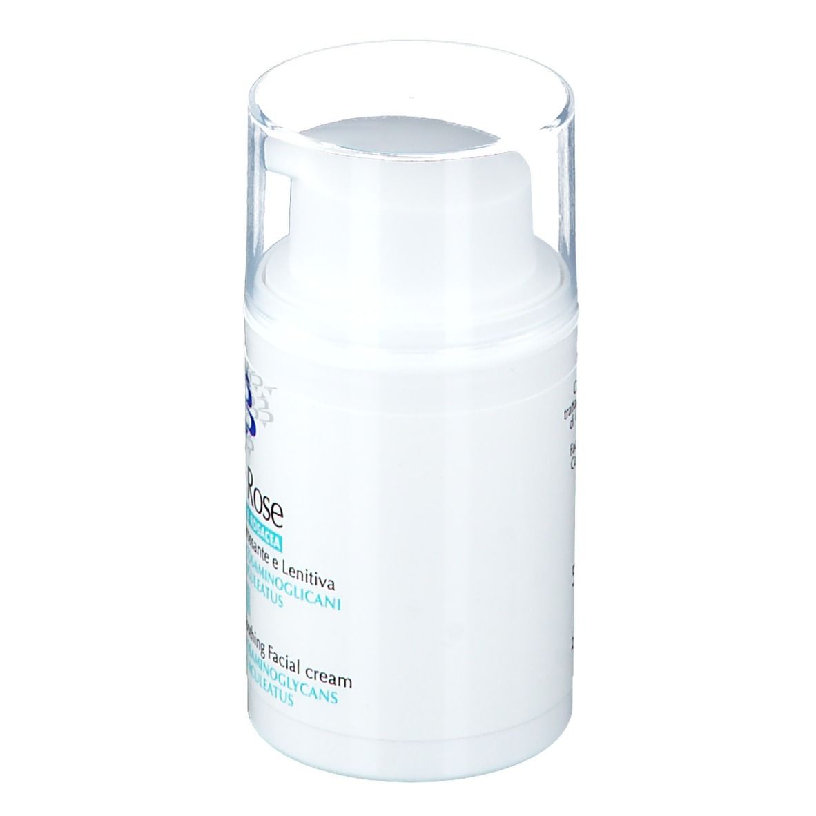 Tubo di crema bianco con coperchio trasparente. Scritta: Save Rose, Crema Viso Disarrossante e Lenitiva. Logo Biogena.