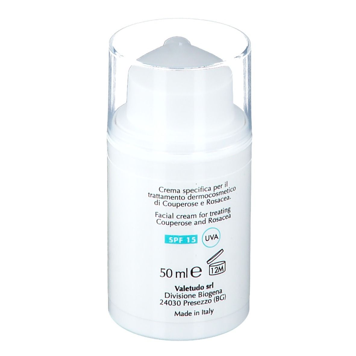 Tubo di crema bianco con coperchio trasparente. Scritta: Save Rose, Crema Viso Disarrossante e Lenitiva, SPF 15. 50 ml.